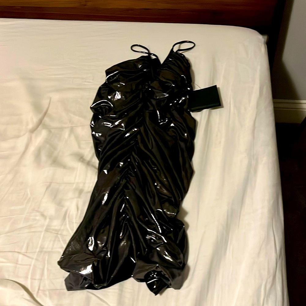 Metallic/chrome dark silver/gray ruched dress. V neck.